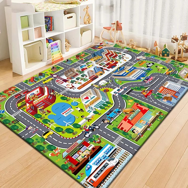 Outdoor Adventure With Kids - Kleurrijk kinderstadkaart speelkleed, verkeersavontuur speelmat voor