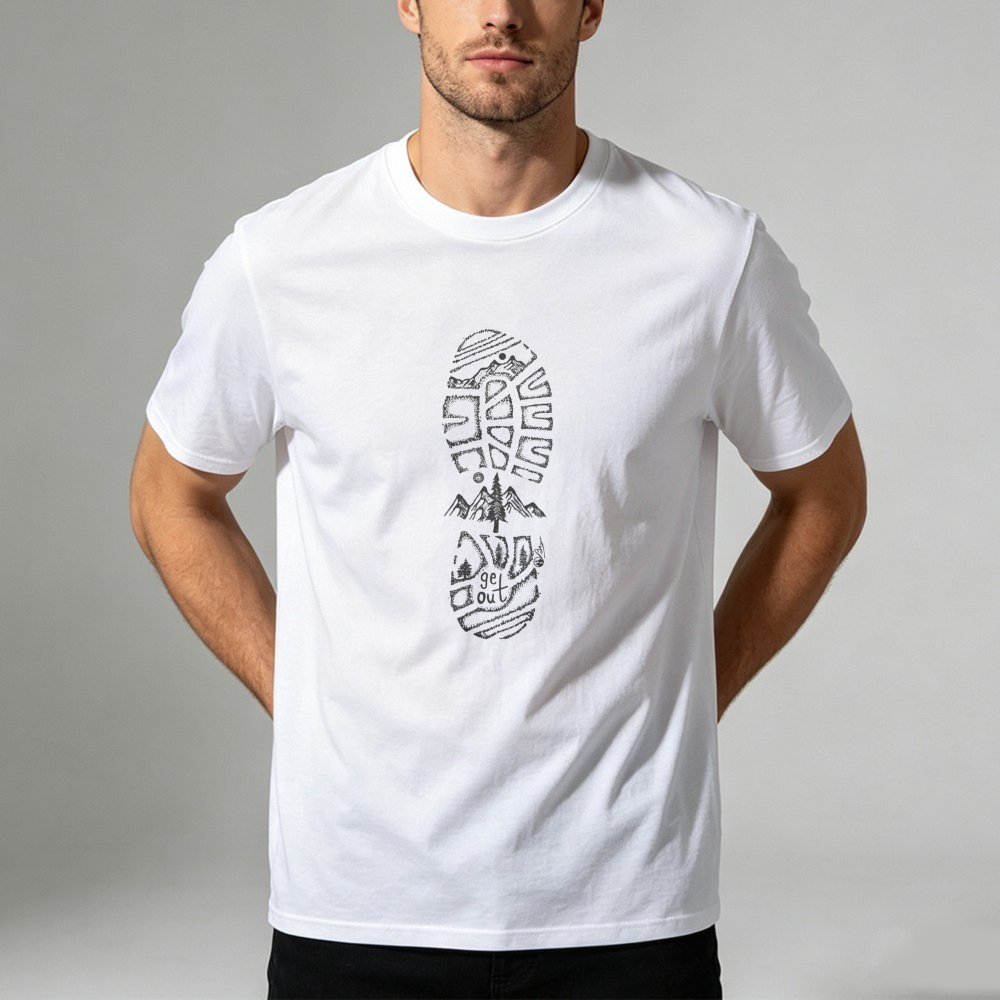 Outdoor Adventure Quotes - Berglandschap Boot Print T-shirt Wandelpad Natuurliefhebber